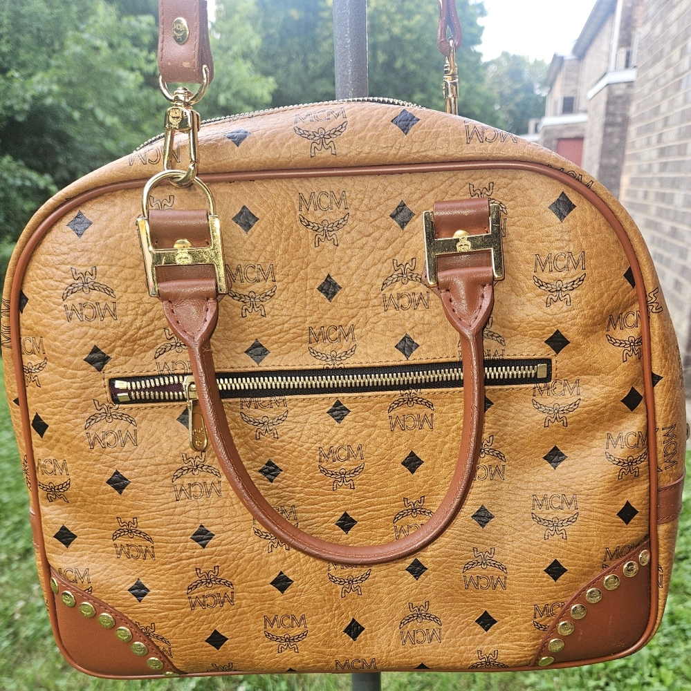 MCM Tan and Brown Satchel with Iconic Monogram and Gold Hardware W/ COA - Picture 10 of 16